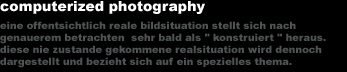 computerized photography 
eine offentsichtlich reale bildsituation stellt sich nach
genauerem betrachten sehr bald als 'konstruiert' heraus.
diese nie zustande gekommene realsituation wird dennoch
dargestellt und bezieht sich auf ein spezielles thema.