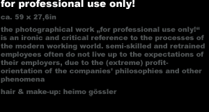 for professional use only!
ca. 59 x 27,6in
the photographical work 'for professional use only!' 
is an ironic and critical reference to the processes of 
the modern working world. semi-skilled and retrained 
employees often do not live up to the expectations of 
their employers, due to the (extreme) profit-
orientation of the companies philosophies and other 
phenomena
hair & make-up: heimo gssler